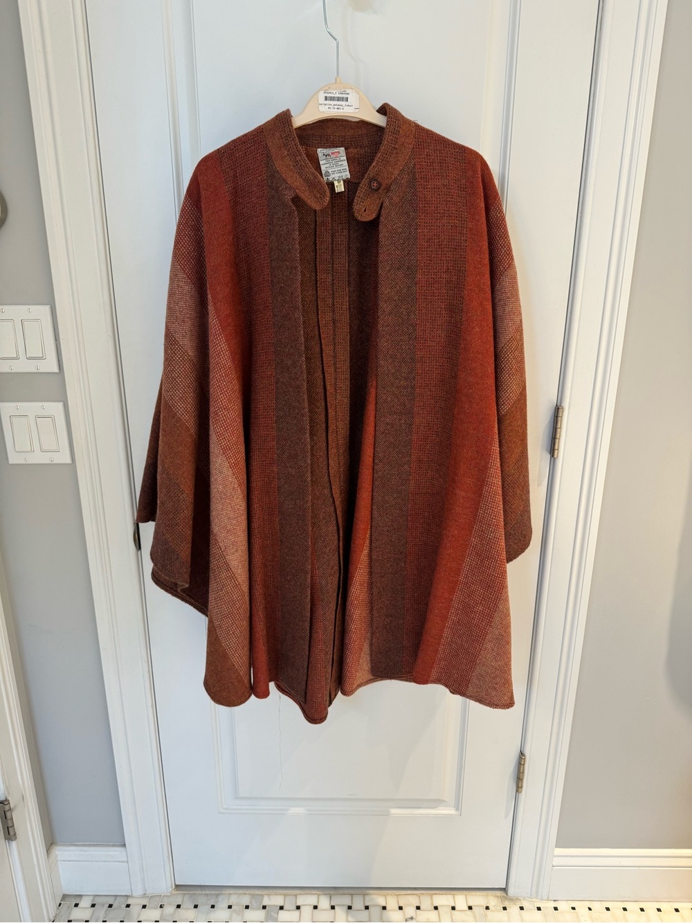 Striped Rust Brown Wool Cape Coat with Button Collar
